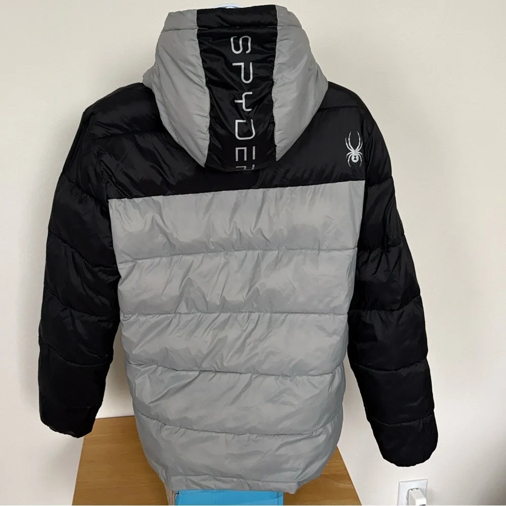 Spyder Silver and Black Hooded Puffer Jacket Size 16